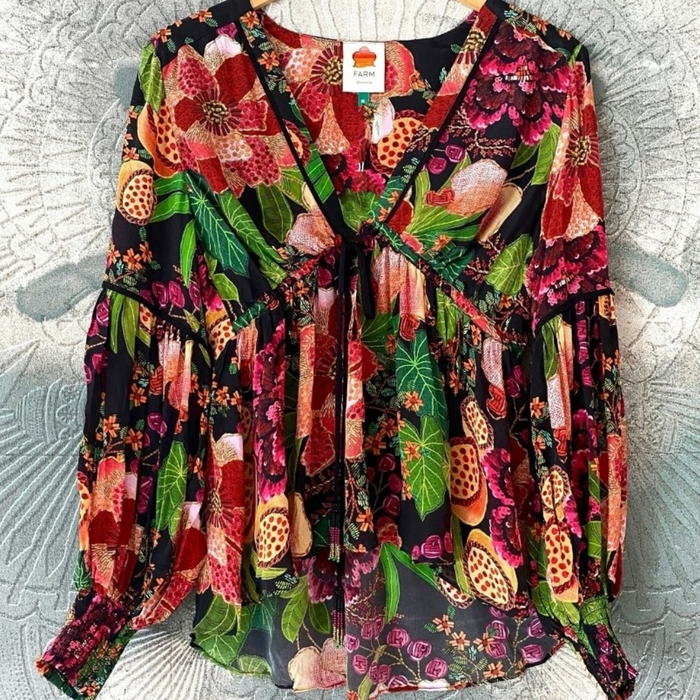 FARM RIO Black Fruit Floral Vibrant Balloon Sleeve Deep Plunge Blouse Size S - Picture 6 of 11